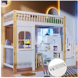 Hochbett mit LED-Leuchten, 90x200cm, Fensterform