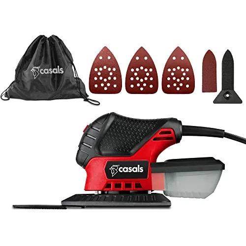 Casals SD75 Multischleifer mit 75 W und 1.1000 U/min, 20 Blatt Körnung 180, 4 Blatt Körnung 80, 8 Blatt Körnung 120, 8 Blatt Körnung 180, Rucksack, integrierter Saugnapf, Soft-touch Grip