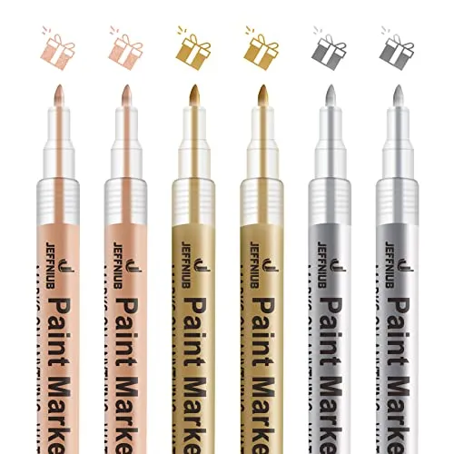JEFFNIUB Acrylstifte für Steine Wasserfest 6 Stück, Rosegold Gold Silber Metallic Stifte 0,7 Dünner Spitze Permanent Marker Stift auf Holz, Glas, Papier, Keramik, Leinwand, Leder