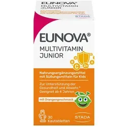 Eunova Junior Multivitamin Kautabletten - Nahrungsergänzungsmittel für Kids ab 4 Jahren mit 12 Vitaminen und Mineralstoffen, leckerer Orangengeschmack, frei von künstlichen Farb- und Konservierungsstoffen.
