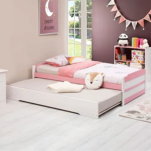 IDIMEX Ausziehbett Lorena 90 x 190 cm - Praktisches Funktionsbett für Kinder und Jugendliche aus massivem Kiefernholz in Weiß/Rosa, mit ausziehbarem Gästebett und Stauraum für Bettwäsche.