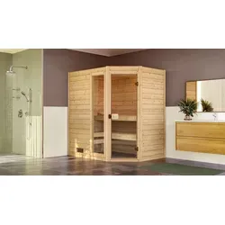 weka Sauna Massivholzsauna VALIDA Eck - Sauna aus massivem Blockbohlen, 38 mm Wandstärke, mit moderner Glastür und 4,5 kW Ofen für entspannende Wellnessmomente im eigenen Zuhause.