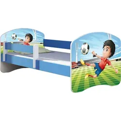 ACMA Kinderbett Jugendbett mit Rausfallschutz und Matratze, Blau (Fußballer, 140x70)