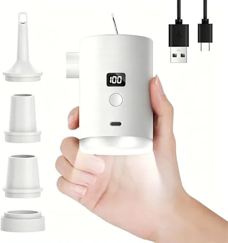 AURIVEE® Akku Luftpumpe 3600mAh tragbar – Kabellose elektrische Pumpe mit LED-Licht, 4 Düsen für Luftmatratze, Schlauchboot, Pool, Vakuumbeutel, Camping-Zubehör