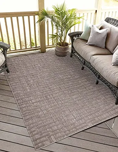 carpet city In-& Outdoor Teppich - 200x290 cm - für Innen-& Außenbereich - Wetterfest Balkon-Teppich, Terrasse, Flur, Küche - Wohnzimmer-Teppiche - Hochtief/ 3D-Effekt - Streifen-Muster in Braun