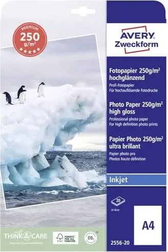 AVERY Zweckform Fotopapier Premium DIN A4 250g/m² - Hochglänzend, wisch- und wasserfest für brillante Farben und scharfe Konturen