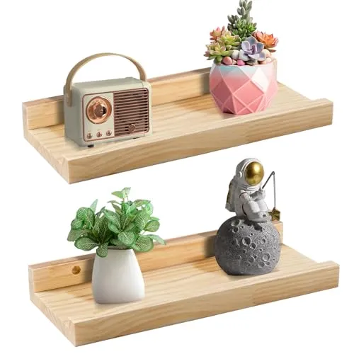 Jeffbaubl Bilderleiste Holz, Wandregal Holz, 2 Stück, 30cm, Holzfarbe | Schweberegal Bilderleiste mit Lippe, Kiefernholz für Wohnzimmer Schlafzimmer Badezimer