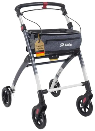 FabaCare Indoor Rollator Jaguar, schmal mit Tablett, Leichtgewicht Wohnungsrollator faltbar, Heimrollator, bis 100 kg, Blaugrau/Weiß