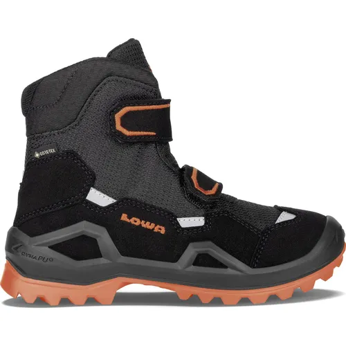Lowa Milo EVO GTX Mid JR schwarz/orange (0920) 30 - Wasserdichter Winterschuh für Kinder mit GORE-TEX Membran, ideal für Winteraktivitäten im Freien. Hoher Tragekomfort durch atmungsaktive Materialien und flexibles Design.