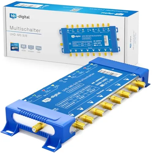 hb-digital 9/8 Multischalter mit externem Netzteil für 8 Teilnehmer und 2 Satellit – nur für Quattro LNB geeignet UHD 4K Full HD DVB-S/S2 – terrestrischer Eingang – vergoldete F-Anschlüsse
