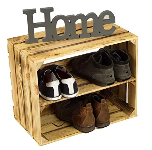 Schuhschrank Schuhregal aus geflammten Holzkisten Schuhablage Schuhständer Schuhaufbewahrung für Kinder und Erwachsene stabiles Regal in Obstkisten Optik (Geflammt normal 50x40x29cm, 1er set)