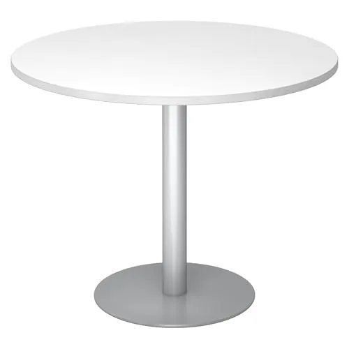 bümö Besprechungstisch 100 cm - Kleiner runder Esstisch für 2 Personen - Konferenztisch mit stabiler Holzplatte und eleganter Metall-Säule in Silber. Ideal für kleine Räume und professionellen Einsatz, kratzfest und schnell aufzubauen.