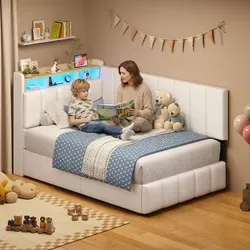 KIMENICH Jugendbett mit LED Beleuchtung und Ladestation, 90 x 200 cm - Weiß - Praktisches Polsterbett mit verstecktem Stauraum und integriertem USB-Anschluss. Ideal für Ordnung im Schlafzimmer und gemütliches Anlehnen dank der vollständigen Polsterung.