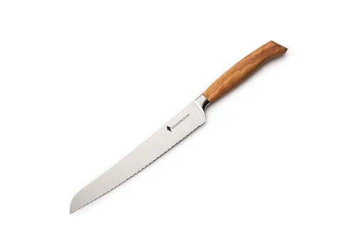 KÜCHENSCHARF Profi Brotmesser 20 cm mit Olivenholzgriff – Ergonomisches Kochmesser aus Edelstahl