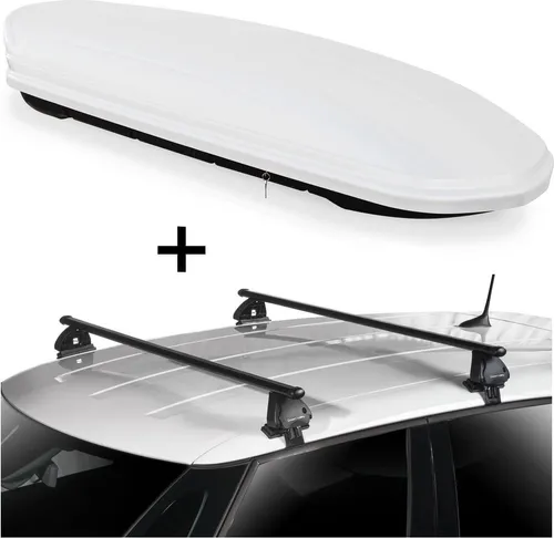 Dachbox VDPMAA460 460 Liter weiß abschließbar + Dachträger VDP EVO Stahl kompatibel mit für VW Tiguan (5N) 5 Türer 2007-2016