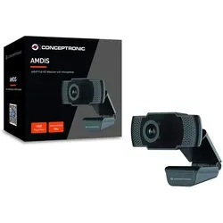 CONCEPTRONIC AMDIS Webcam 1080P Full HD - Webcam mit 1080P Full HD Auflösung und integriertem Mikrofon, ideal für Videokonferenzen und Home Office, einfach zu montieren dank Clip-on Funktion.