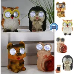 Solar Gartenfiguren 4er Set Eule Igel Schnecke Hund 6x9x5cm Polyresin Solarpanel Akku Leuchtaugen