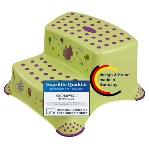 KiNDERWELT Premium zweistufiger Tritthocker für Kinder und Babys, Hippo Design in Grün, Tritthocker 2 Stufen für Kleinkinder ab 3 Jahren, abwischbar, rutschfest und BPA-frei