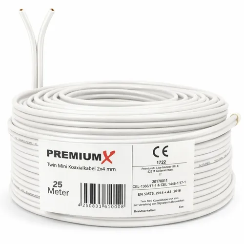 25m Sat Koaxial Kabel Twin Mini 2 x 4mm dünn TV Antennenkabel 2-fach geschirmt