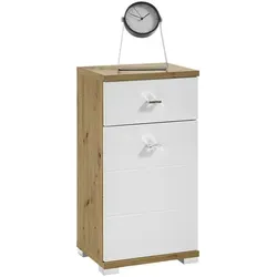 Unterschrank POOL, Artisan Eiche Dekor, Weiß Hochglanz - Unterschrank in stilvollem Design, mit 1 Tür und 1 Schublade, ideal für platzsparende Aufbewahrung in Bad oder Küche.