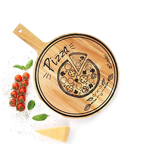 Sendez Pizzabrett mit Griff und Aufdruck aus Mangoholz 42x30cm Holzbrett Vesperbrett Käsebrett Wurstplatte Pizzateller