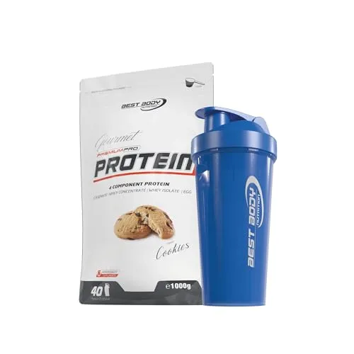 1kg Best Body Nutrition Gourmet 4 Komponenten Protein Shake mit Shaker (Cookies, Blau) - Vielseitiger Protein Shake mit 4 hochwertigen Komponenten für cremigen Genuss. Ideal zur Unterstützung beim Muskelaufbau und zur Erhaltung der Muskulatur. Inklusive praktischen Shaker für optimale Mischung.