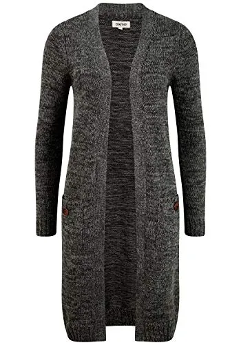 OXMO OXPhiletta Damen Lange Strickjacke Grobstrick Cardigan Longstrickjacke aufgesetzte Taschen 100% Baumwolle Regular fit, Größe:XS, Farbe:Black (799000)