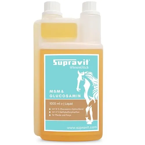 Supravit MSM & Glucosamin für Pferde – 1000 ml flüssiges Ergänzungsfuttermittel - Hochwertige flüssige Mischung aus MSM und Glucosamin für Pferde. Ideal zur täglichen Fütterung und Unterstützung bei Training und Belastung. Praktische Dosierflasche für einfache Anwendung.
