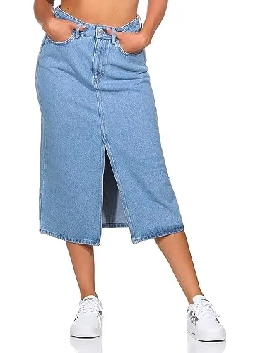 ONLY Damen Midi Jeans Rock ONLBianca - Light Blue Denim - Röcke für Damen, hergestellt aus recycelter Baumwolle für umweltbewusste Mode, mit modernem Schlitzdesign für einen trendigen Look.