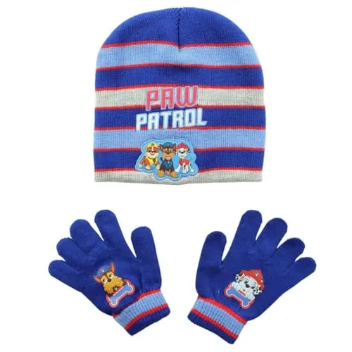 PAW Patrol Chase Kinder Winter-Set – Mütze & Handschuhe – warmes Strick-Set für Jungen – Größe 54 cm – 100% Polyacryl – in Blau oder Grau, Farbe: Blau, Größe: 54