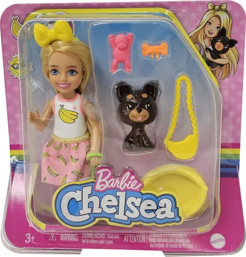 Barbie HGT11You Can be Anything Chelsea Mädchen Puppe blond mit Bananen Outfit Hündchen Äffchen Tasche Knochen Haarreif für Kinder