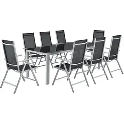 Juskys Aluminium Gartengarnitur Milano 8+1 - Esssets für die Terrasse: Modernes 9-teiliges Set für 8 Personen mit verstellbaren Hochlehner-Stühlen und elegantem Glas-Tisch, wetterfest und leicht zu reinigen.