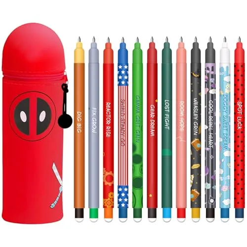 Set mit löschbaren Gelstiften + Kawaii 2-in-1-Federmäppchen, mit thermoempfindlicher Löschtinte, einer Vielzahl von Tintenfarben und Schaftdesigns, 0,7 mm (Rot + 12 abwischbarer Stift)