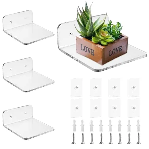 LPAMABA 4 Stück 10 x 10 x 4 cm, kleines Wandregal, ohne Bohren, Acrylregal, transparent, schwimmend, Wandregal, Acryl, für Schlüssel, Ornamente, 4 Stück