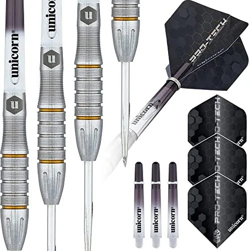 Produktbild Unicorn Dartpfeile Set | Pro-Tech Style 5 | 90% natürliche Wolfram Barrels mit goldenen Akzenten & Volute Points | Stahlspitze | 25g