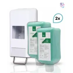 Blanc HYGIENIC Softflaschenspender mit 3x 2L Vakuumflaschen - Kommerzielle Seifen- & Lotionspender, inklusive pH-neutraler Handreinigungspaste zur gründlichen Entfernung von hartnäckigen Verschmutzungen.