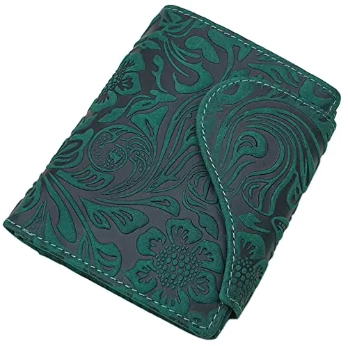 myledershop Vollrindleder Damen Hochformat Geldbörse/Geldbeutel/Portemonnaie mit Außenriegel mit Lianen Prägung oder ohne Prägung und RFID & NFC Schutz inkl. Nähset (Mit Lianen Prägung/Petrol)