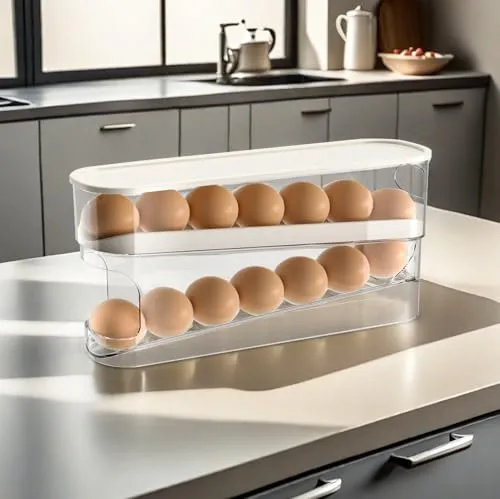 PRITOK Eierhalter für Kühlschrank, 2 Schichten Automatischer Eierbehälter für Kühlschrank, Rolldown Eierspender Eier Organizer, Stapelbarer Transparenter Kunststoff-Eierspender, Hält 12 Große Eier