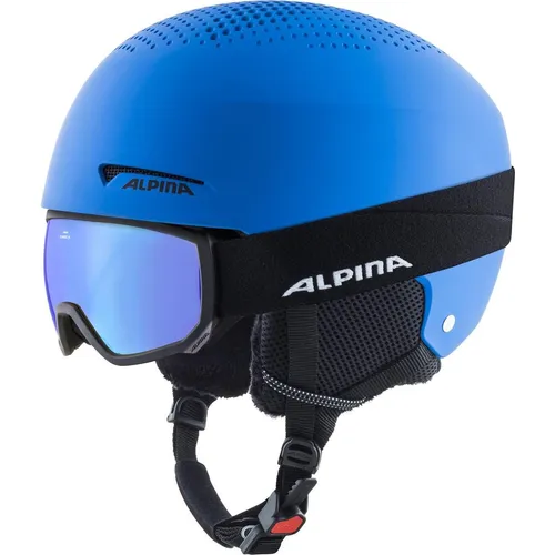 Alpina ZUPO Set (+SCARABEO JR) - Sicheres Kinder Skihelm & Skibrille Set, Blue matt - Skihelme für Kinder mit abnehmbaren Ohrenpolstern und innovativem Belüftungssystem für Komfort und Sicherheit. Robuste Hardshell-Konstruktion schützt vor Stößen.