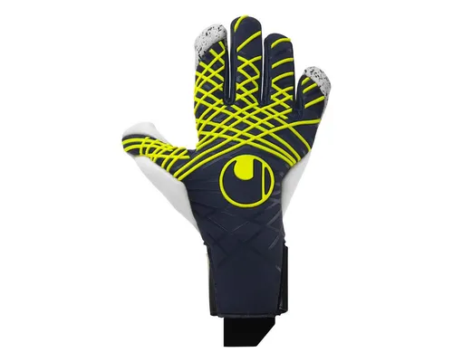 uhlsport Fußball Torwarthandschuhe Prediction Flex HN - Marine/Weiß/Fluo Gelb, Größe 12 - Torwarthandschuhe mit Supergrip+ und Absolutgrip für ultimativen Grip bei jedem Wetter. Innovativer HALF NEGATIVE CUT sorgt für enge Passform und optimale Ballkontrolle.