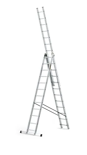 DRABEST Leiter PRO Serie Aluleiter 3-teilig Mehrzweckleiter 3x12 Stufen Leiter Multifunktionsleiter Kombileiter bis 150 kg Beslastbar - Arbeitshöhe 8,09 m - inkl. Eimerhaken
