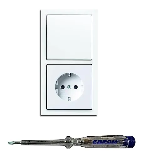 Busch Jäger Lichtschalter Wechselschalter AN/AUS 2000/6 US und Steckdose 20EUC-84 im 2-fach Rahmen in Future Linear Studioweiß glänzend inkl. EBROM Phasenprüfer zur Montage der Geräte