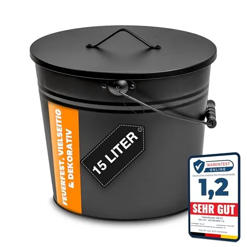 ORA-TEC Ascheeimer mit Deckel - 15 Liter, hitzebeständig und praktisch mit Tragegriff für Kamin, Ofen und Grill