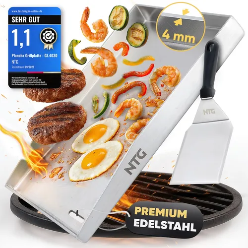 NTG Plancha Grillplatte Edelstahl 40×30 cm mit Spachtel - Grillzubehör für ein Premium Grill-Erlebnis – rostfreier, langlebiger Edelstahl mit perfekter Hitzeverteilung und einfacher Reinigung.