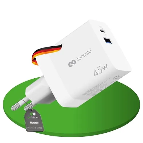 conecto USB C Ladegerät, 2 Port Mehrfach Adapter, Netzteil 45 Watt Schnellladegerät kompatibel mit Apple iPhone 15, Samsung, Tablet, Laptop UVM, GaN QC PD Charger, Weiß
