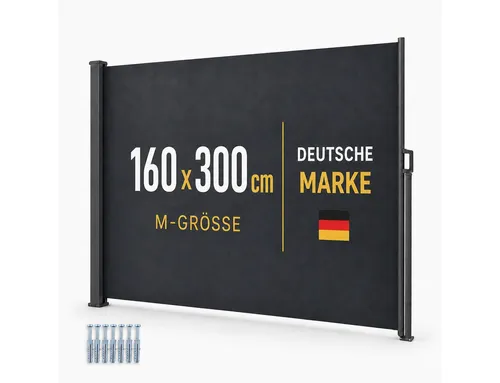 ONBEST Seitenmarkise 160 x 300 cm - Ausziehbar und UV-beständig - Markise aus robustem, wasserabweisendem Polyestergewebe, ideal für Schutz und Privatsphäre. Ergonomischer Handgriff und einfache Montage mit Schrauben und Dübel.