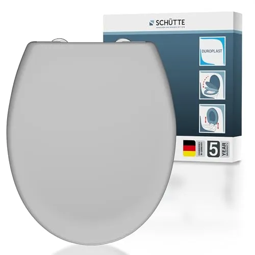 SCHÜTTE Oval WC-Sitz mit Absenkautomatik, Abnehmbarer Klodeckel aus bruchsicherem Duroplast, DIY Montage mit Klebepads und Schablone, Toilettendeckel und Brille bis 200 kg belastbar, Grau