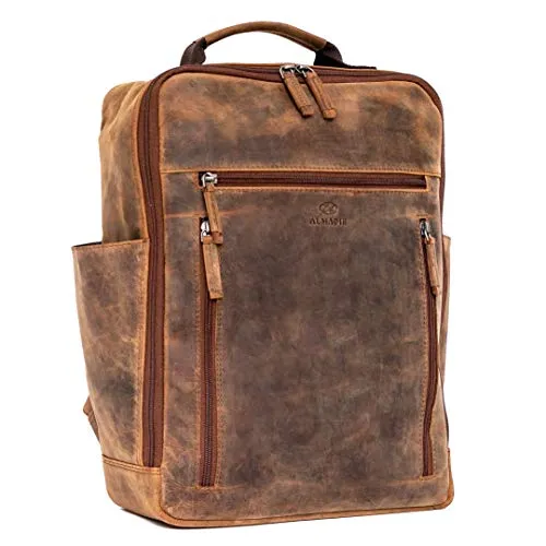 Almadih Rucksack Moe - Brauner Vintage Echtleder Rucksack mit Laptopfach - Hochwertiger Rucksack aus Rindsleder mit gepolstertem Laptopfach für Geräte bis 15 Zoll. Ideal für Uni, Schule oder als Handgepäck. Praktisches Design und stilvoller Look vereinen Funktionalität und Eleganz.