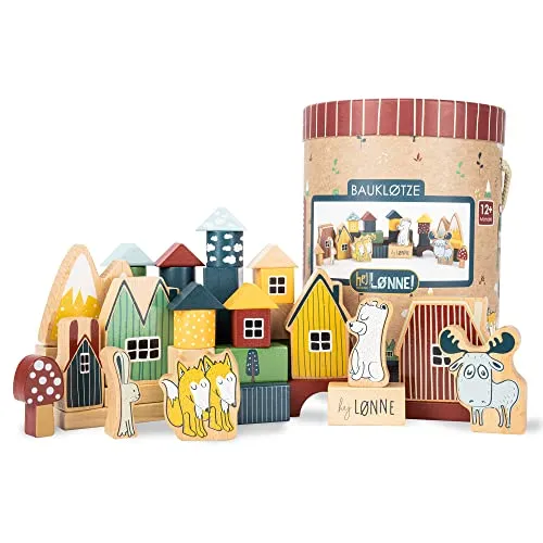HEJ LØNNE Holzbausteine 56-teilig in Box - Kinder Spielzeug ab 1 Jahr - Motorikspielzeug - Bauklötze Holz - Holzspielzeug Baby
