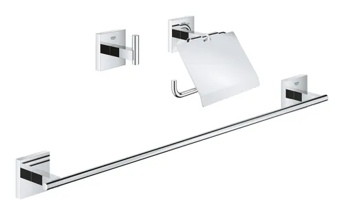GROHE Start Cube Bad-Set 3-in-1 - Verdeckte Befestigung, Chrom - Toilettenpapierhalter mit flexibler Montageoption, wahlweise durch Bohren oder Kleben. Genießen Sie modernes Design und langlebige Qualität in Ihrem Badezimmer.